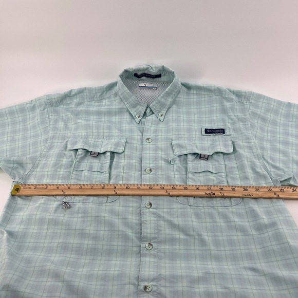 Columbia Super Bahama Plaid Short Sleeve Fishing Shirt Men's M Light Blue - Picture 9 of 9